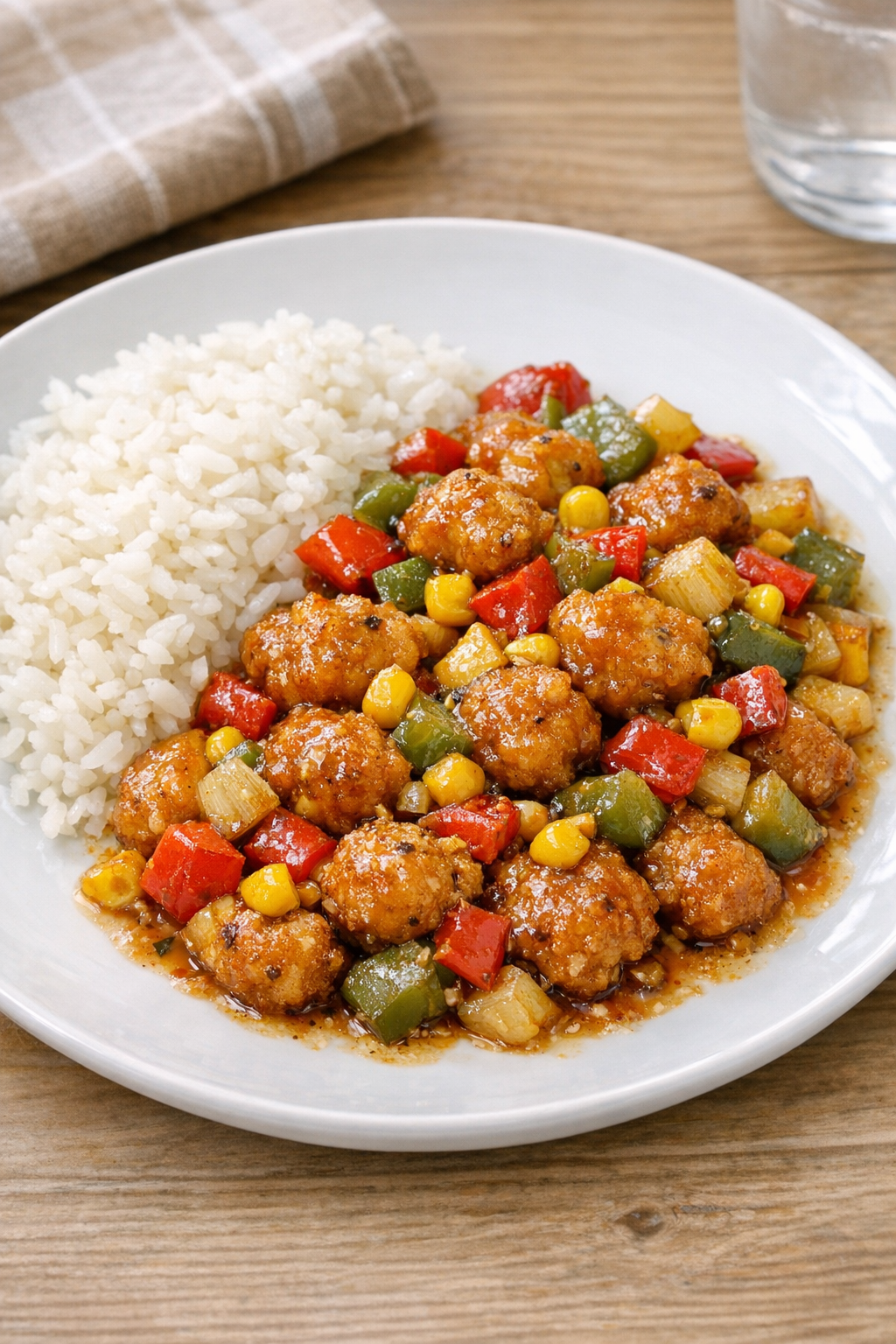 Finished plated popcorn chicken bake with vegetables and sauce