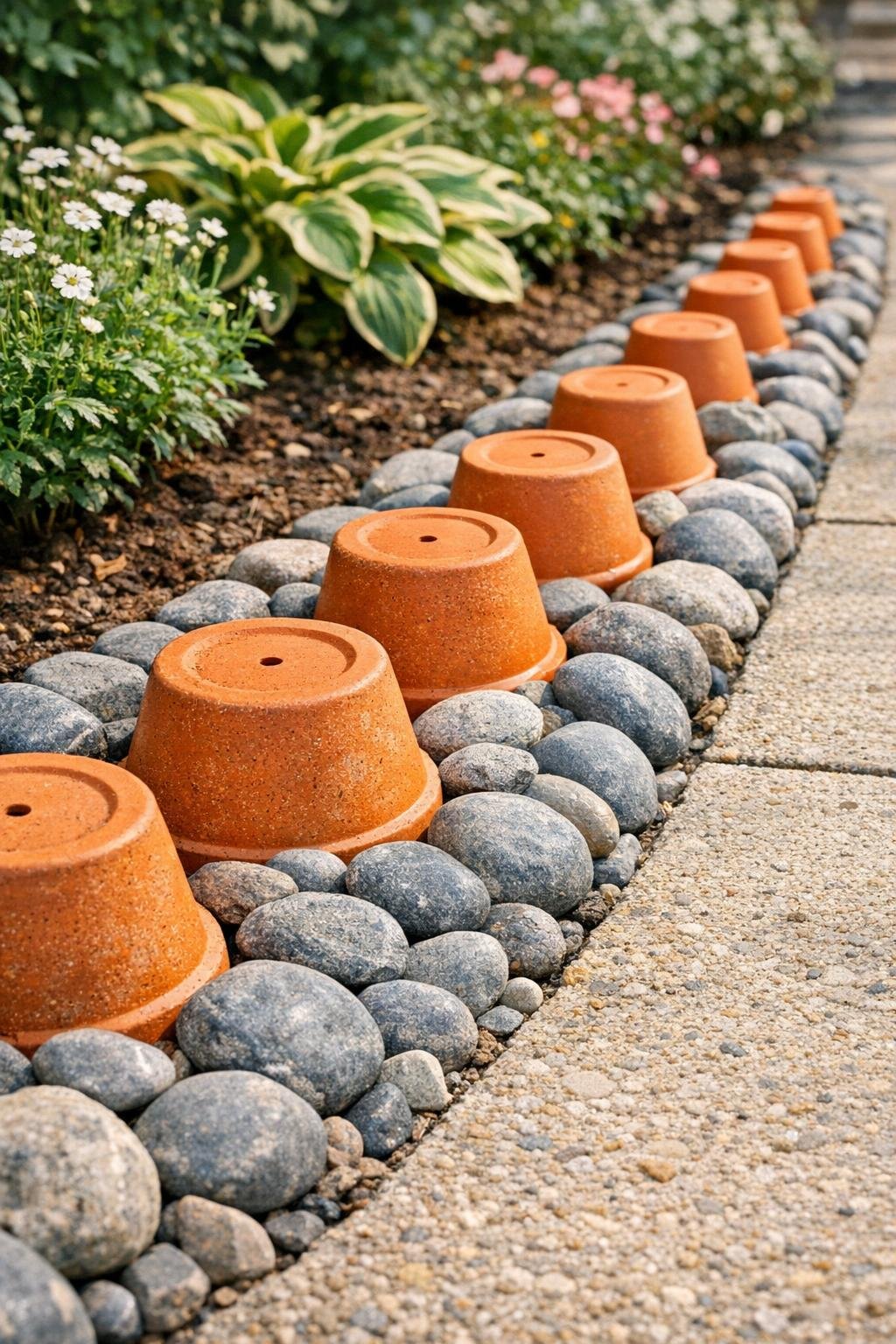Finished walkway border with terracotta pots embedded in gray river rock