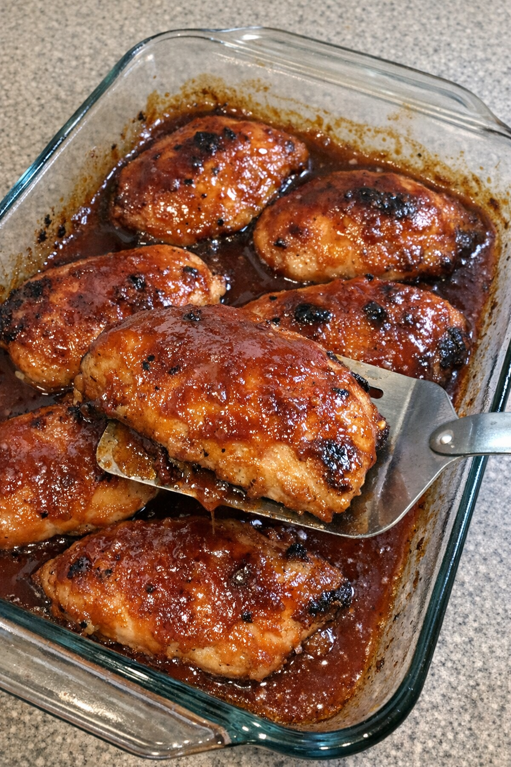 Glossy caramelized chicken breasts in red sauce in a rectangular baking dish
