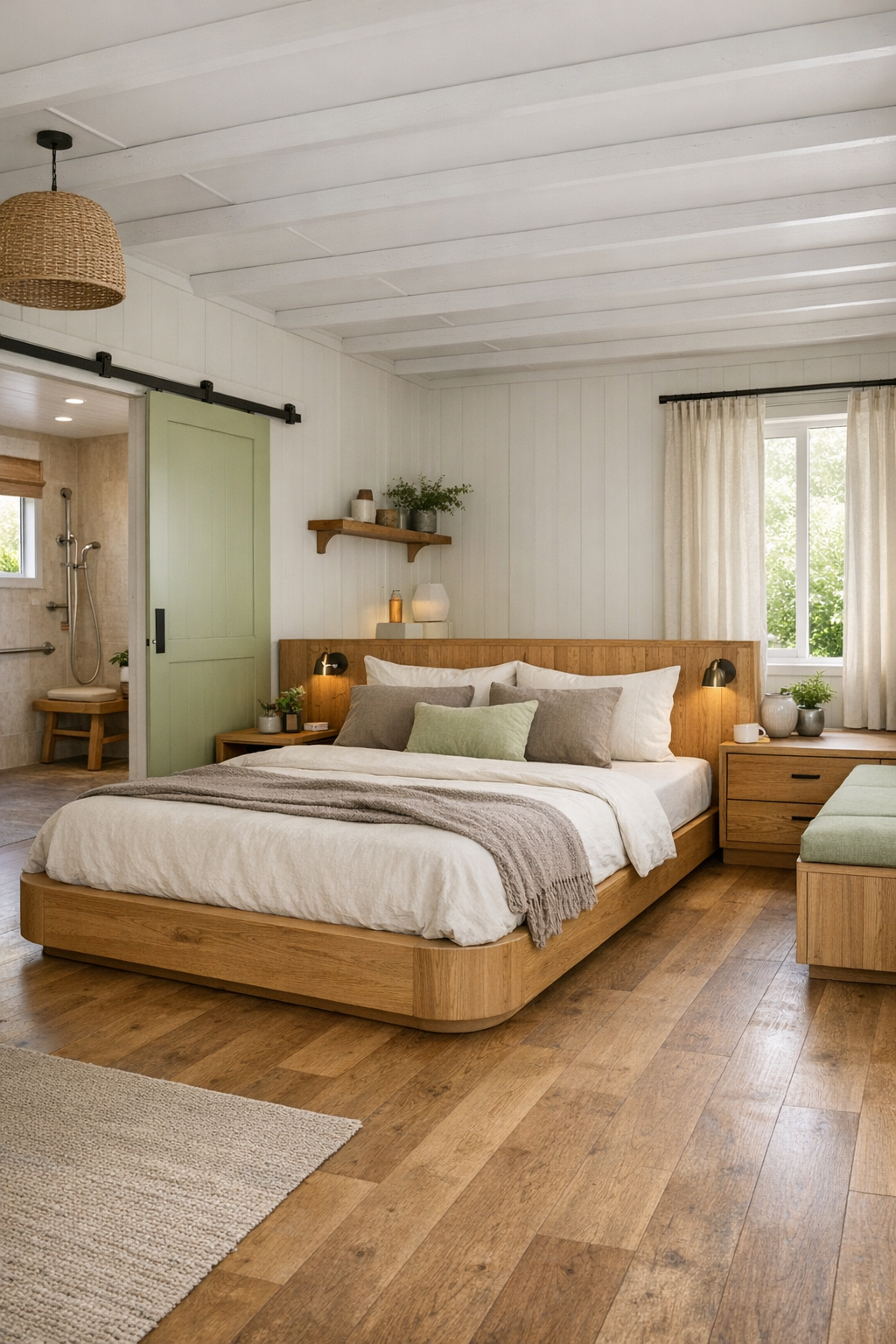 Serene bedroom with soft green accents, warm wood, and an open accessible layout