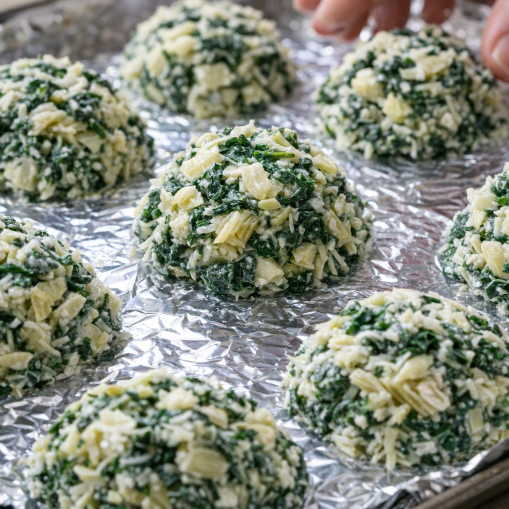 Unbaked spinach artichoke mounds arranged on a baking sheet