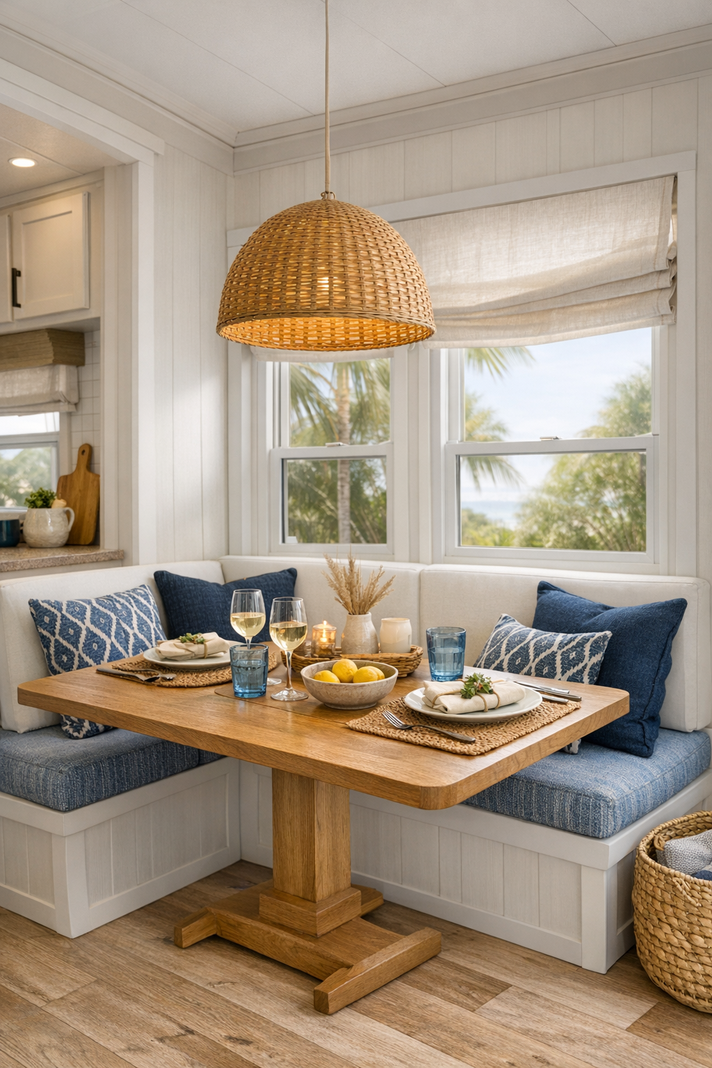 Coastal dining nook with a built-in banquette, oak table, and woven pendant lighting