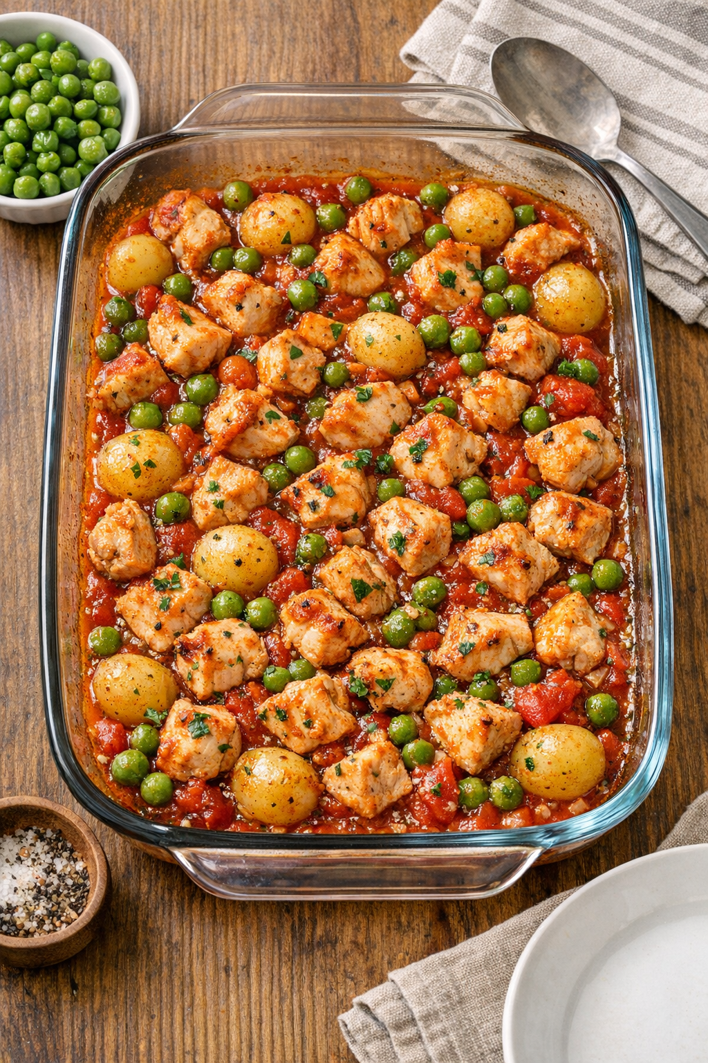 Finished baked diced chicken in red sauce with small round vegetables in a glass baking dish