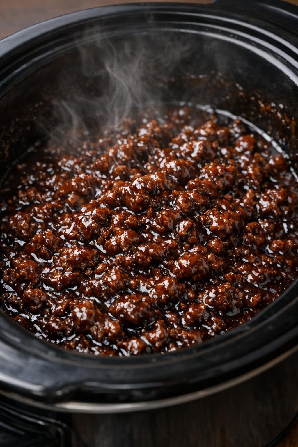 Slow cooker ground beef in dark glossy sauce