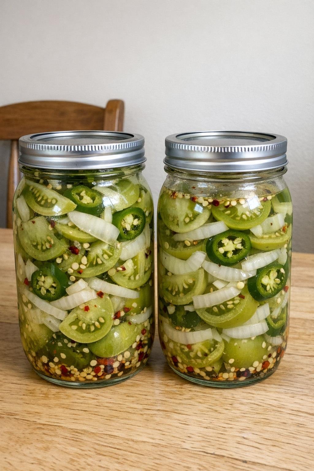 Finished jars of spicy pickled green tomatoes