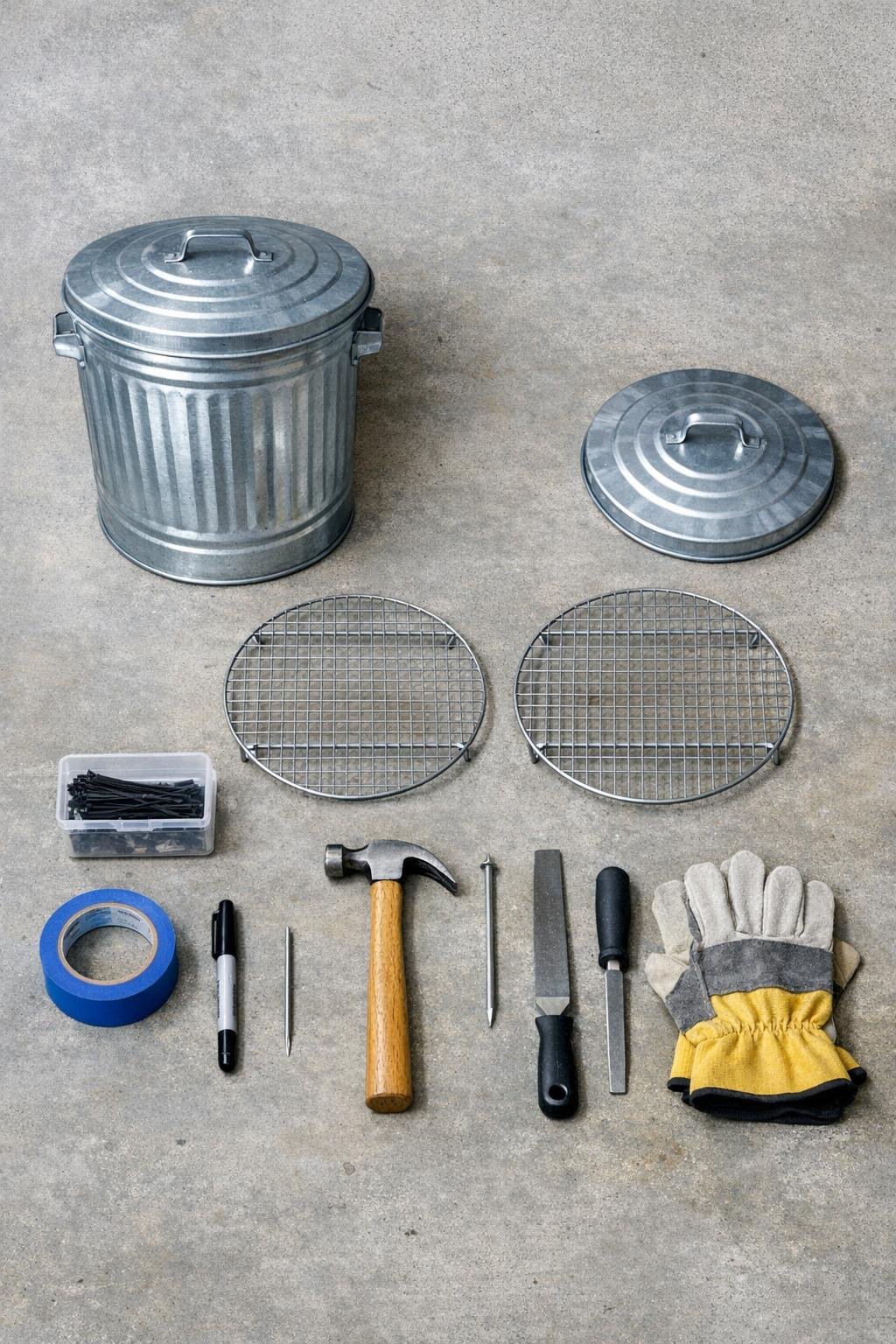 Materials for a galvanized trash can root vegetable storage bin laid out together