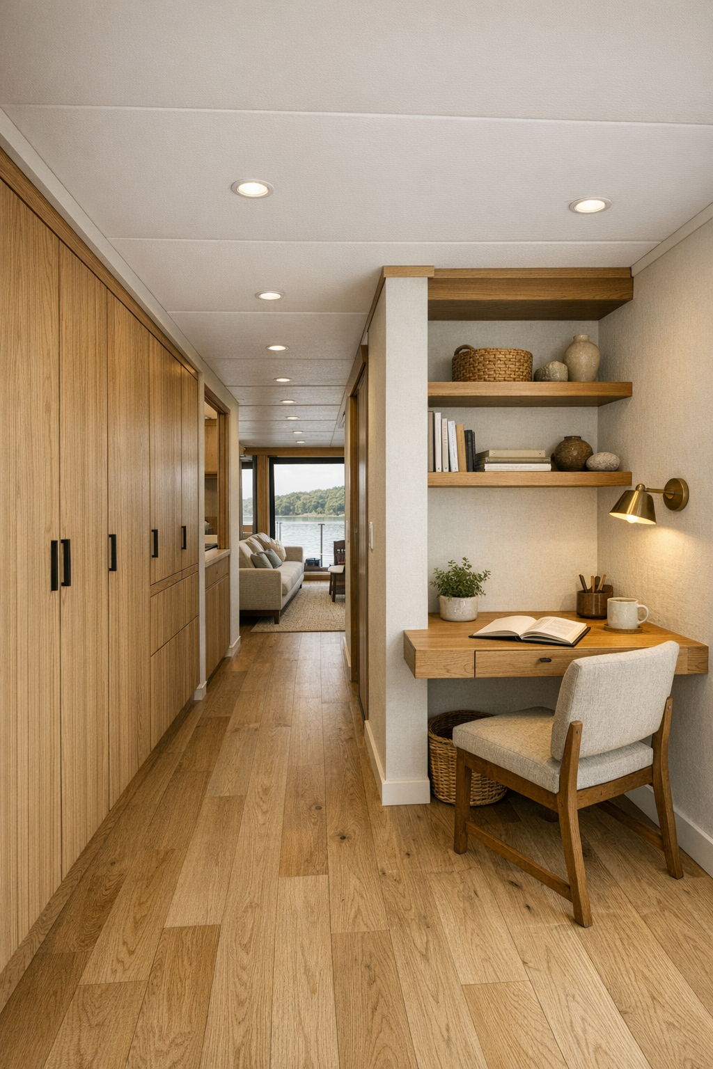 Wide hallway and multipurpose nook with built-in storage, floating desk, and warm wood finishes