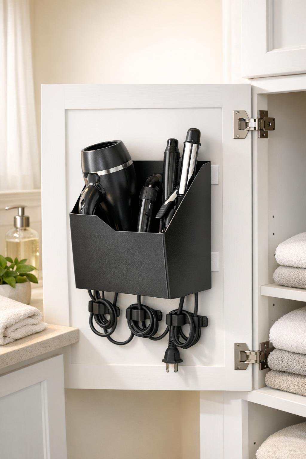 Finished bathroom hair tool holder mounted inside a cabinet door
