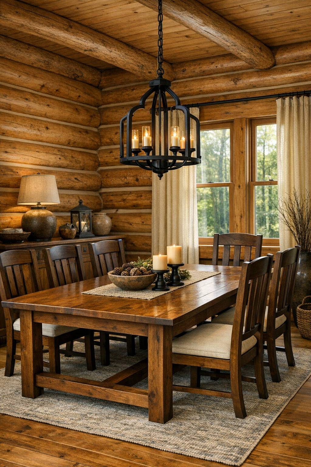 Dining room with Amish-crafted wood table, high-back chairs, and warm log walls