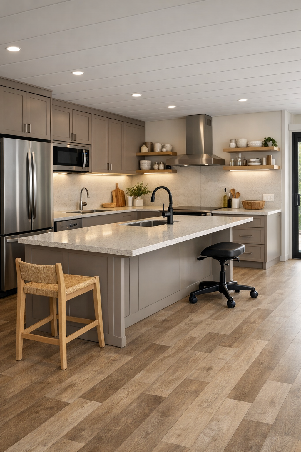 Modern accessible kitchen with taupe cabinets, quartz counters, and wide island