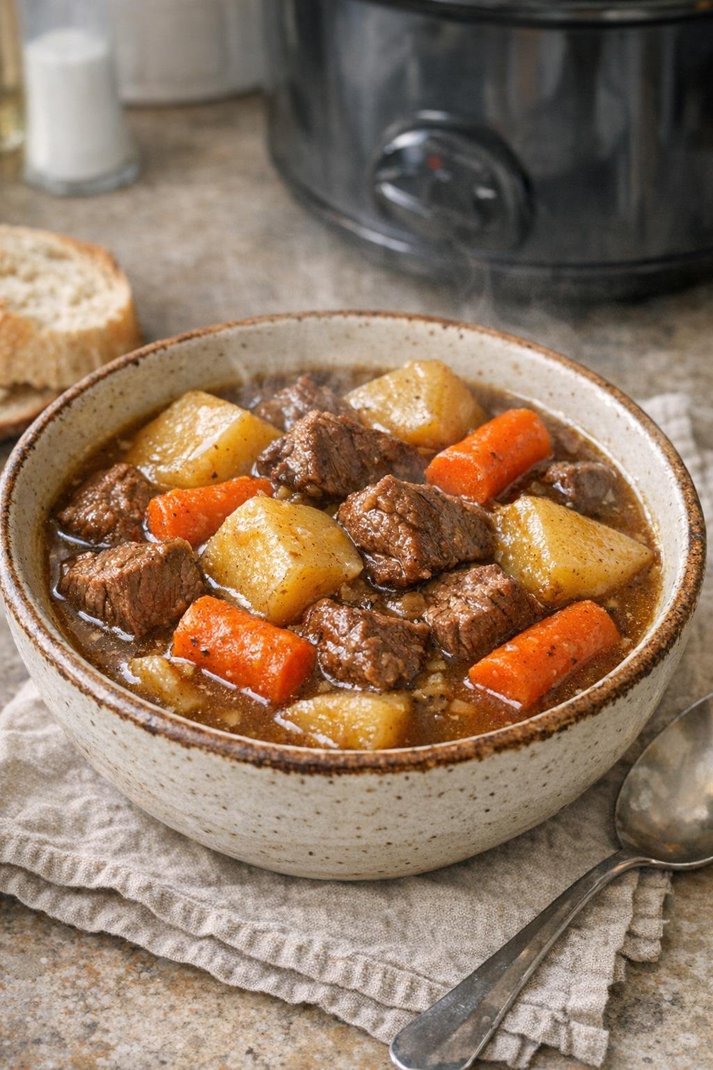 Finished beef stew in a rustic bowl