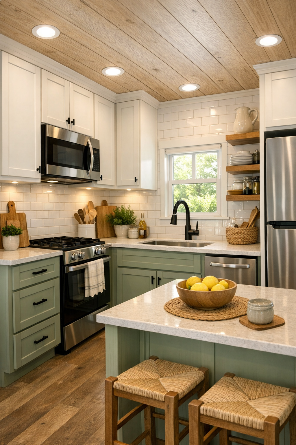 Compact cottage kitchen with shaker cabinets, quartz counters, and sage details