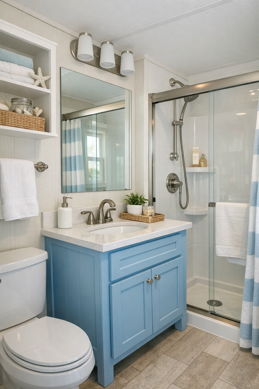 Fresh coastal bathroom with pale finishes, compact vanity, and bright light