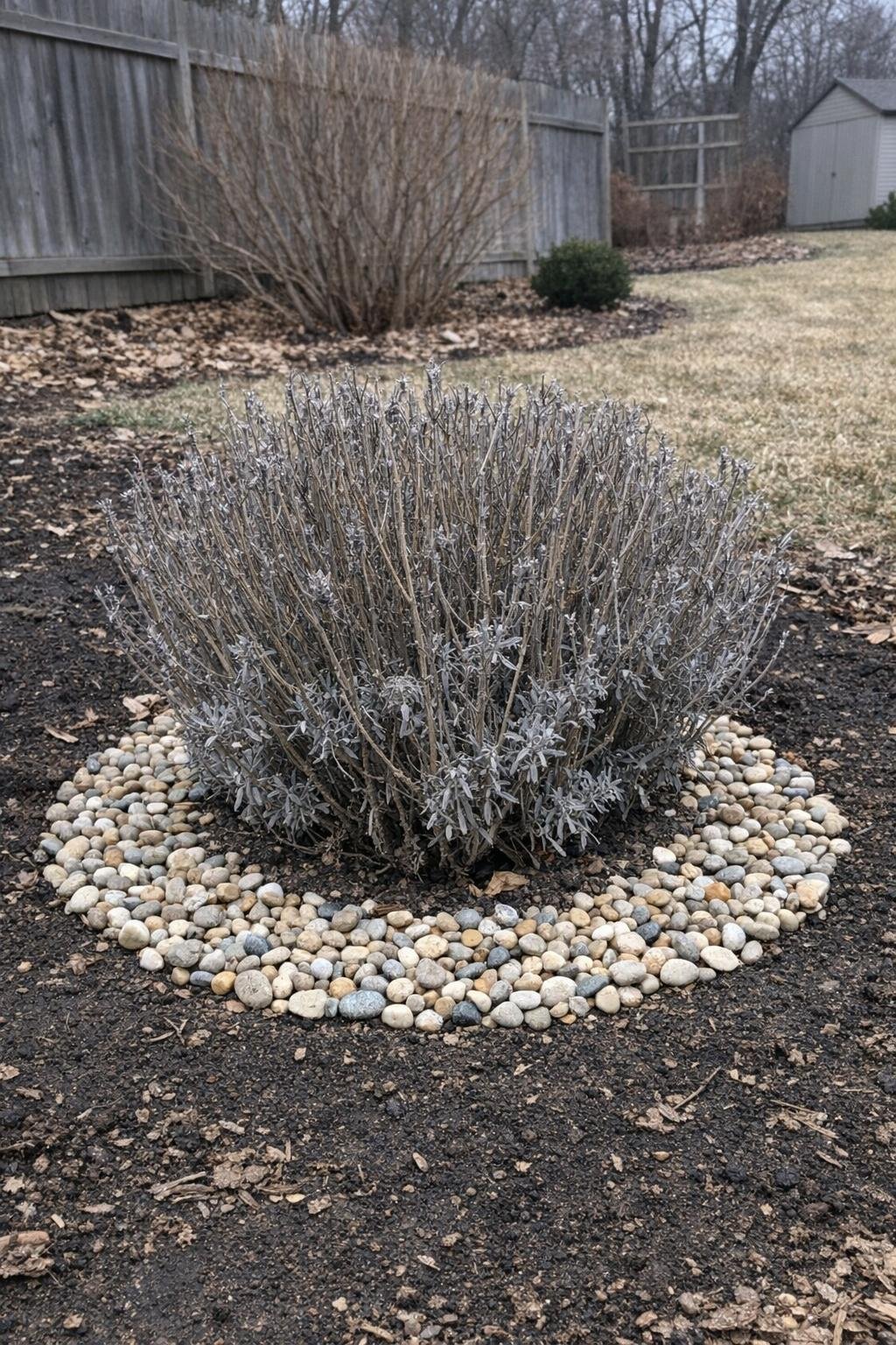 Lavender plant with a ring of pea gravel around the crown