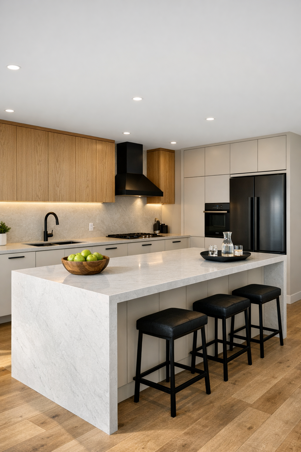 Contemporary kitchen with pale almond cabinets, oak uppers, a quartz waterfall island, and matte black fixtures