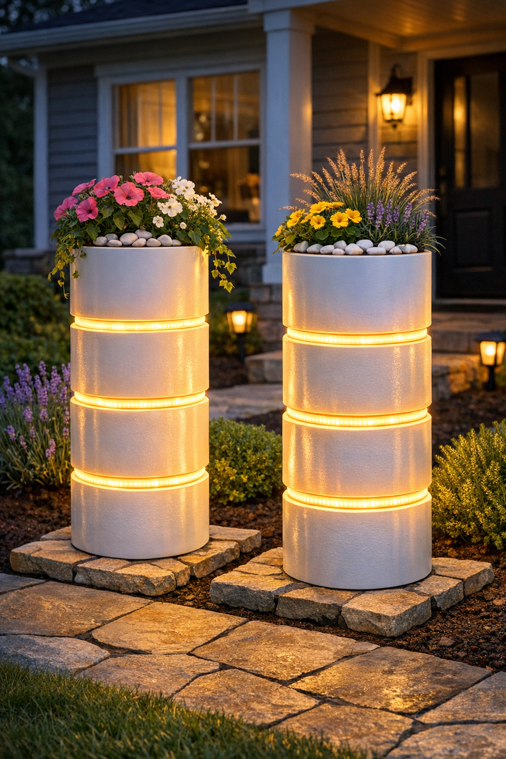Finished glowing planter columns on flagstone bases in a front yard garden