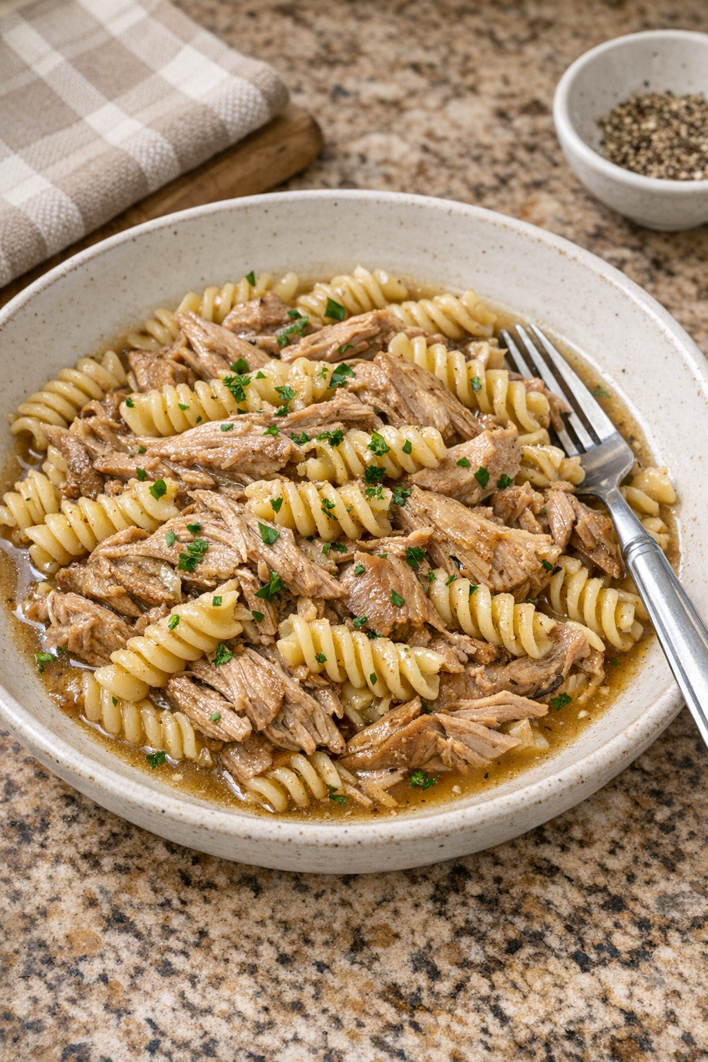 Finished plated turkey pasta with savory broth sauce