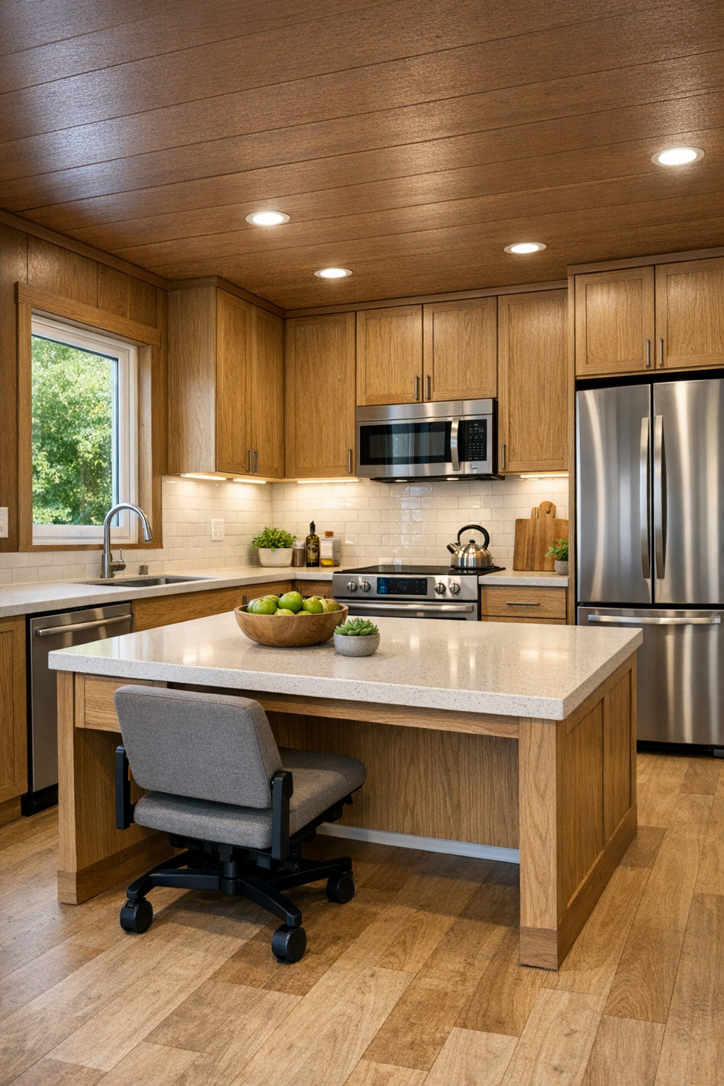Accessible kitchen with oak cabinetry, pale quartz counters, and an island with open knee space