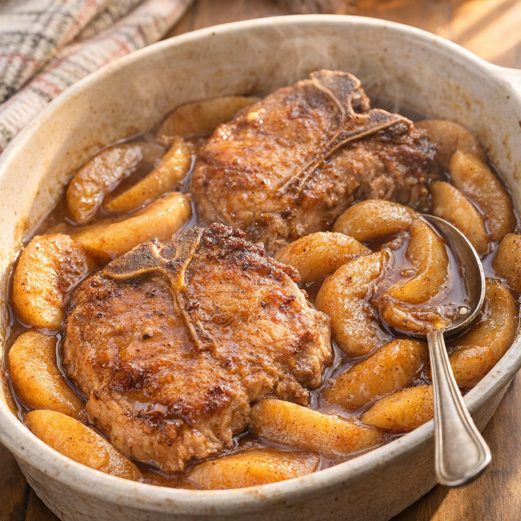 Slow cooker pork chops and apples served family-style