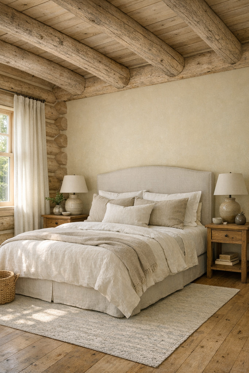 Peaceful bedroom with pale log walls, layered neutral bedding, and exposed beams