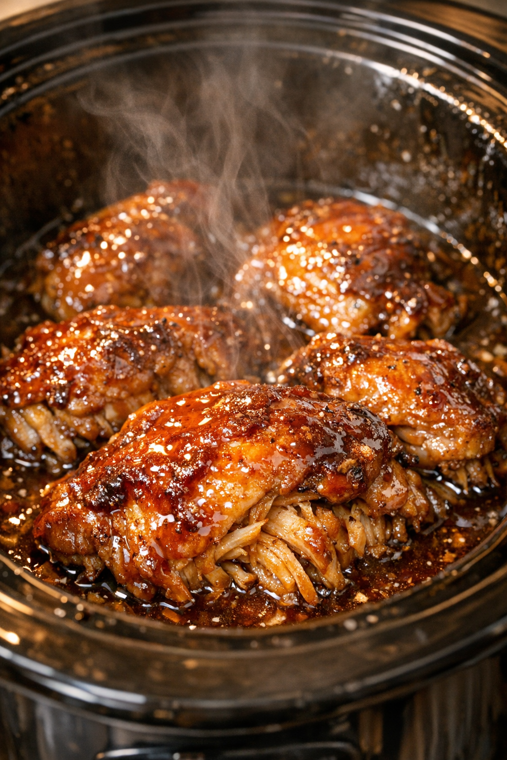 Slow cooker comfort chicken in glossy amber glaze