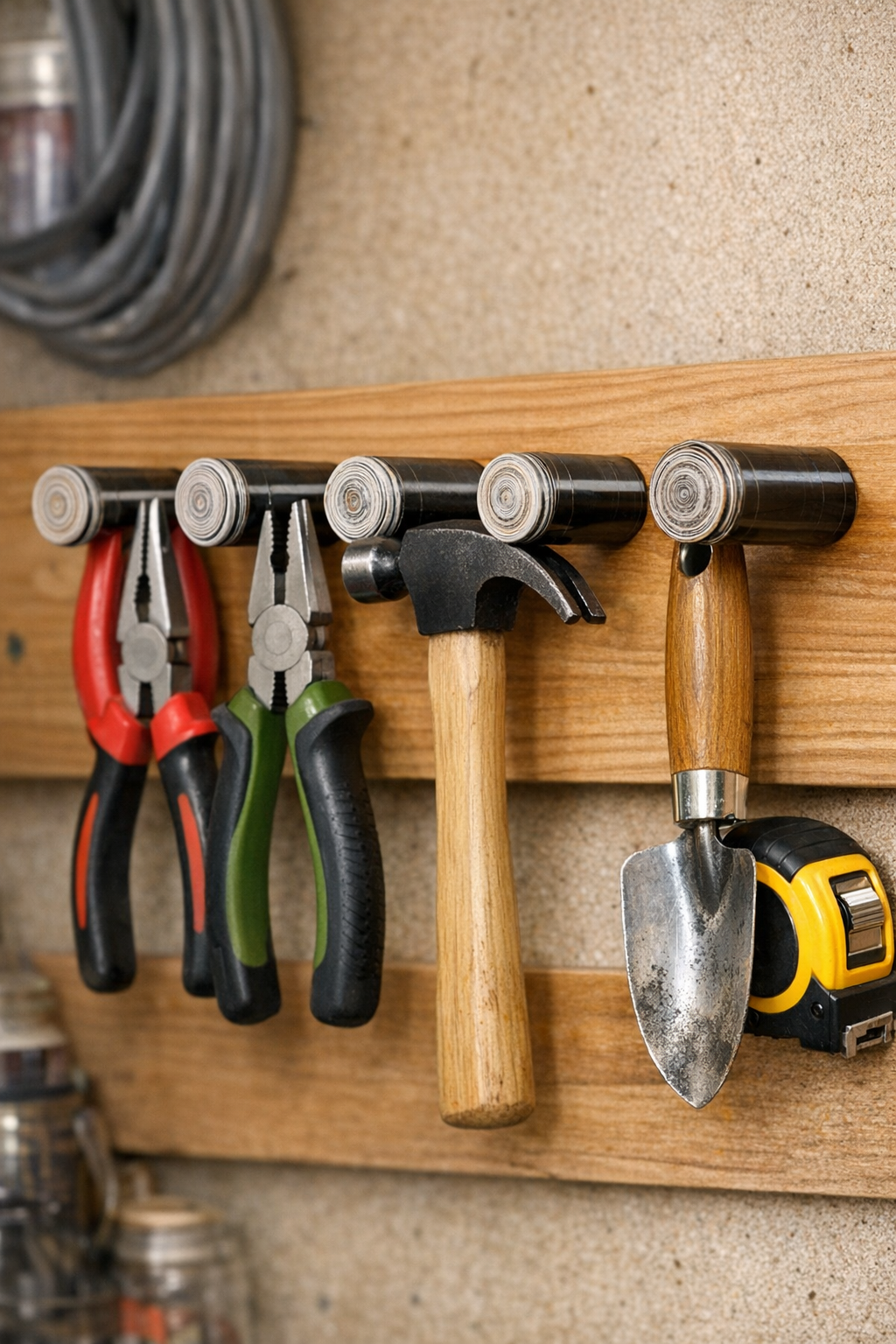 Finished rolled catalog tool rack pegs holding hand tools in a garage