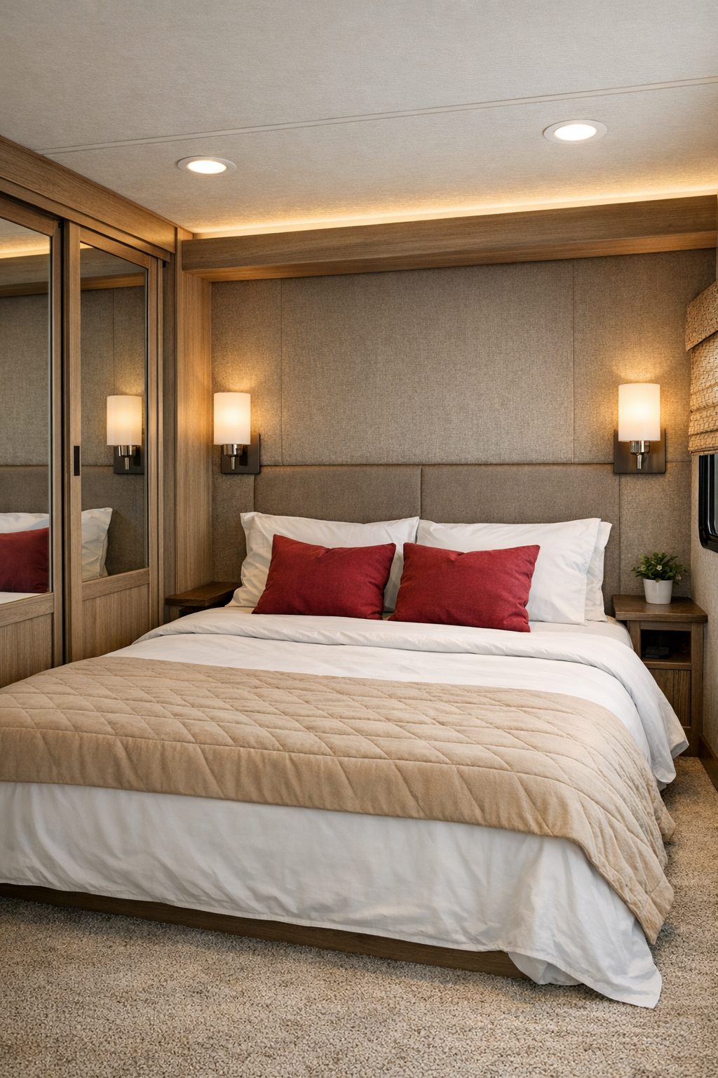 RV bedroom with low accessible bed, soft neutral bedding, and warm wood detailing