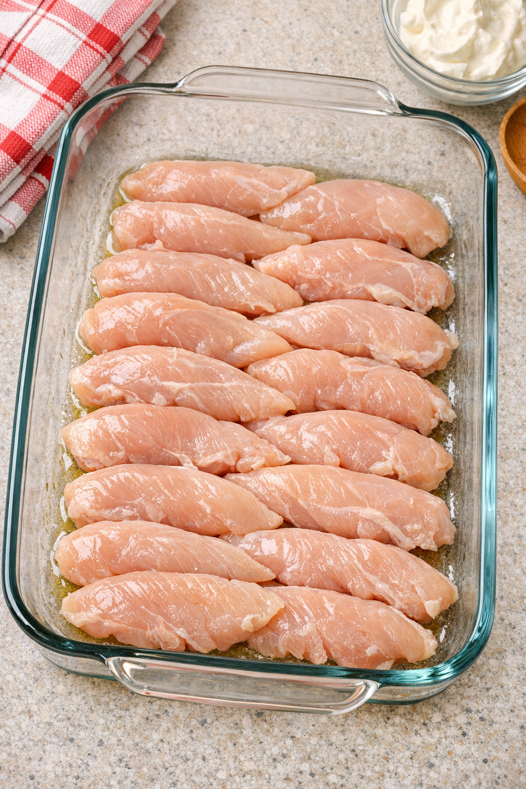 Chicken tenderloins arranged in a glass casserole dish