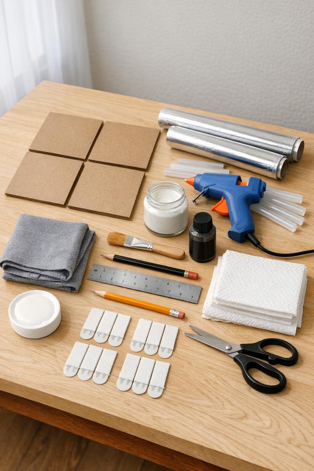 Materials for making faux antique tin ceiling tiles laid out on a craft table