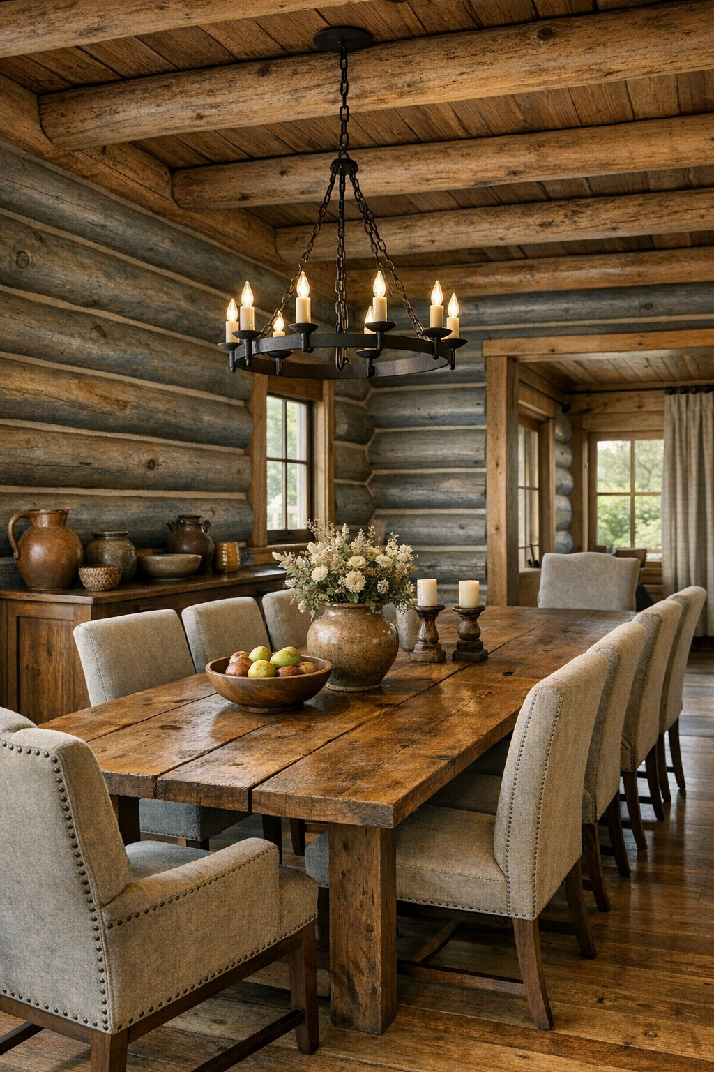 Dining room with a long plank wood table, upholstered chairs, and an iron chandelier