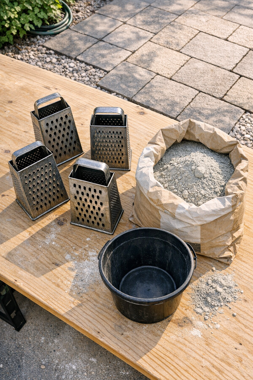 Old metal cheese graters and dry cement mix laid out for the project