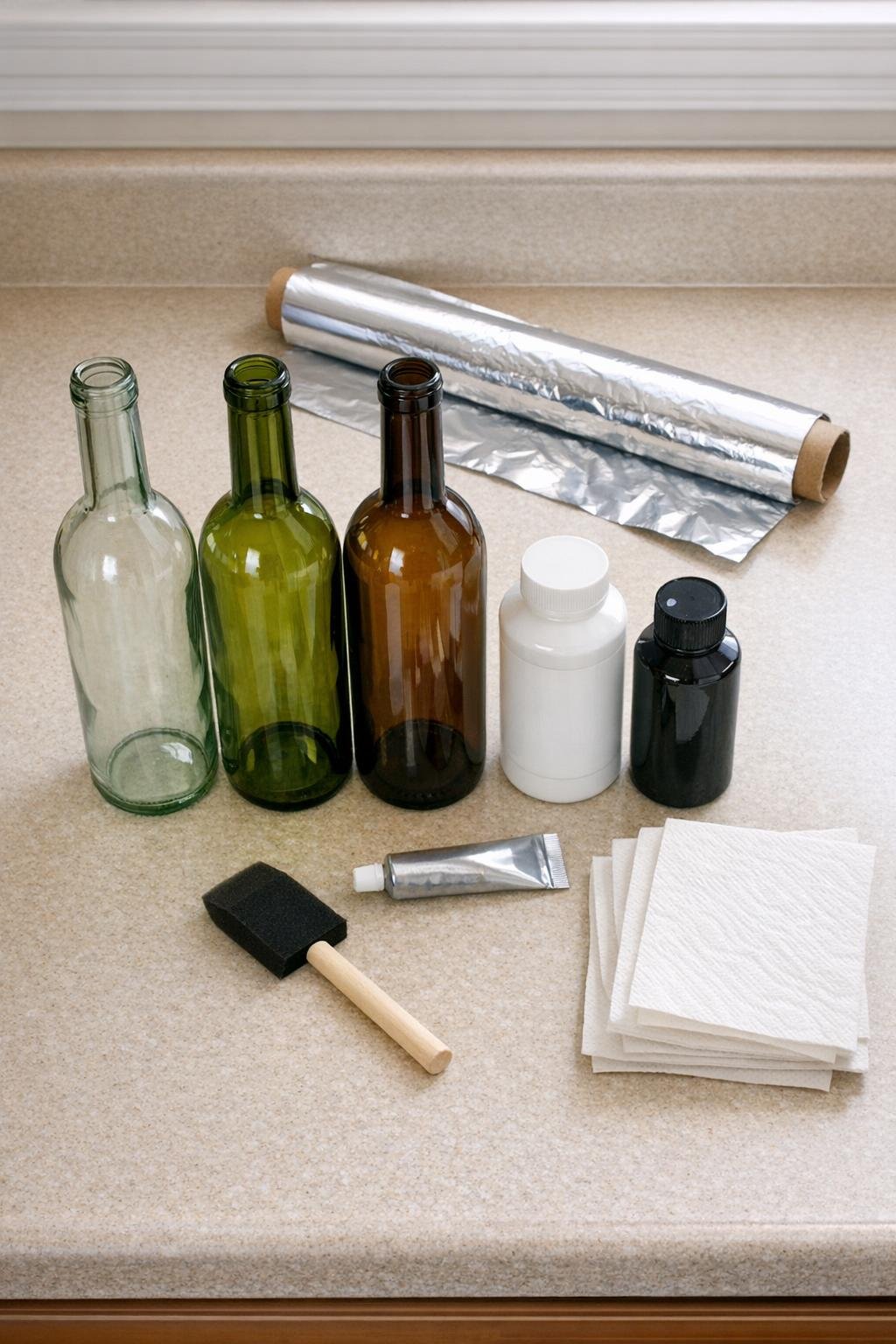Materials for hammered pewter harvest vases laid out on a counter