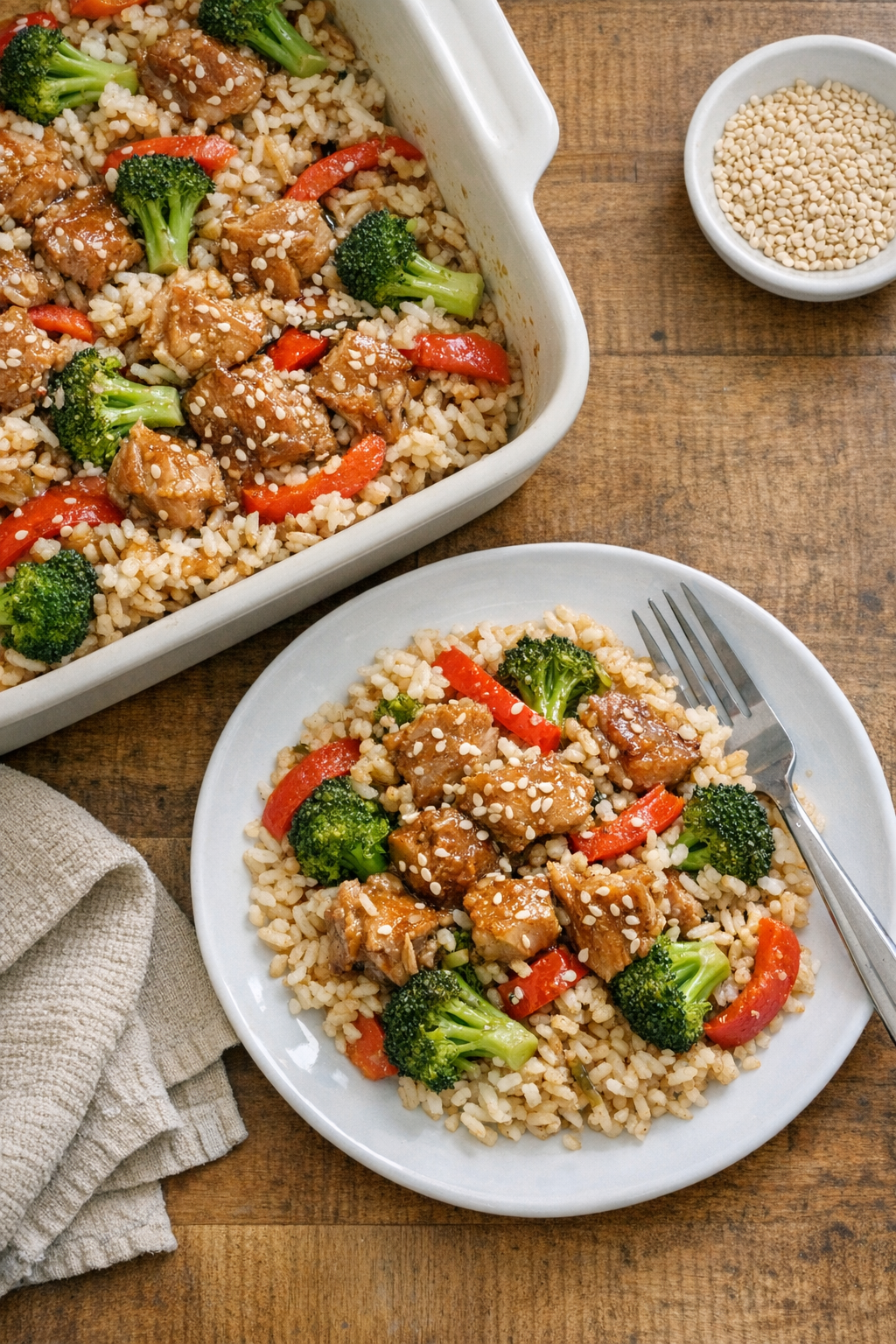 Finished sesame ginger tuna bake served over rice with vegetables