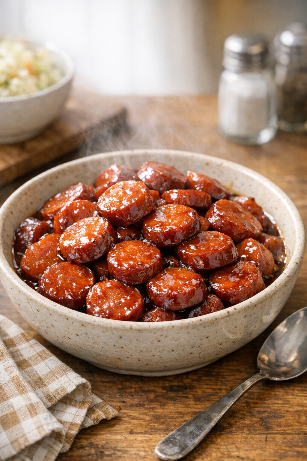 Finished glazed kielbasa served on a platter