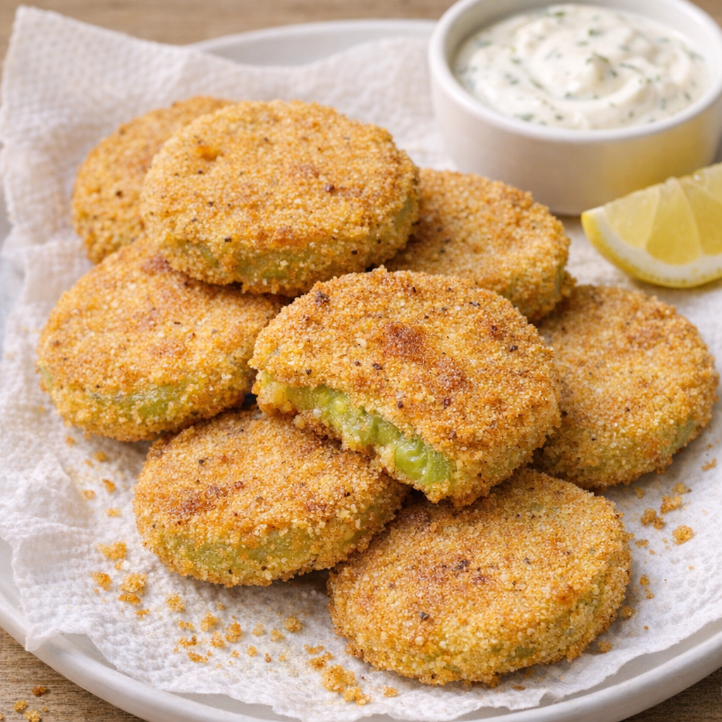 Plated fried green tomatoes with simple dipping sauce