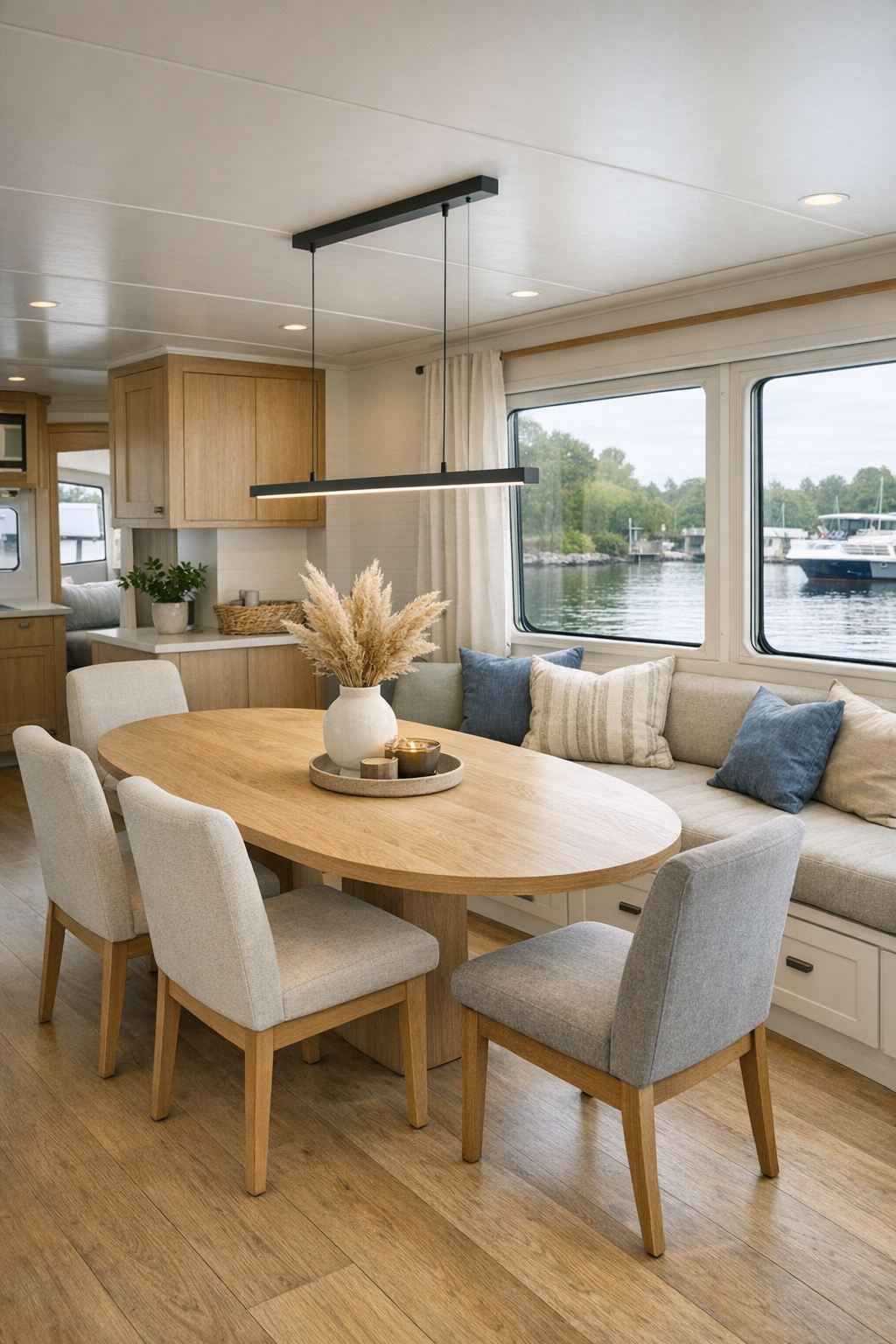 Open dining room on a Dutch barge houseboat with an oval oak table, upholstered chairs, window banquette, and soft pendant lighting