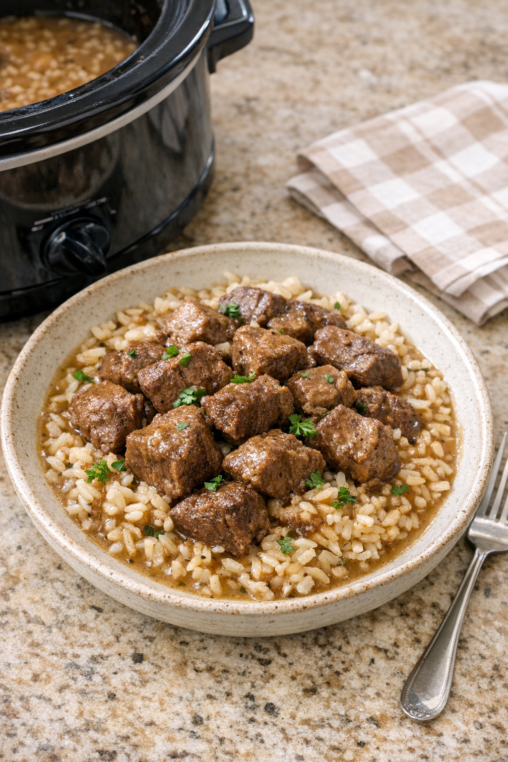 Finished slow cooker beef and rice plated in a rustic bowl