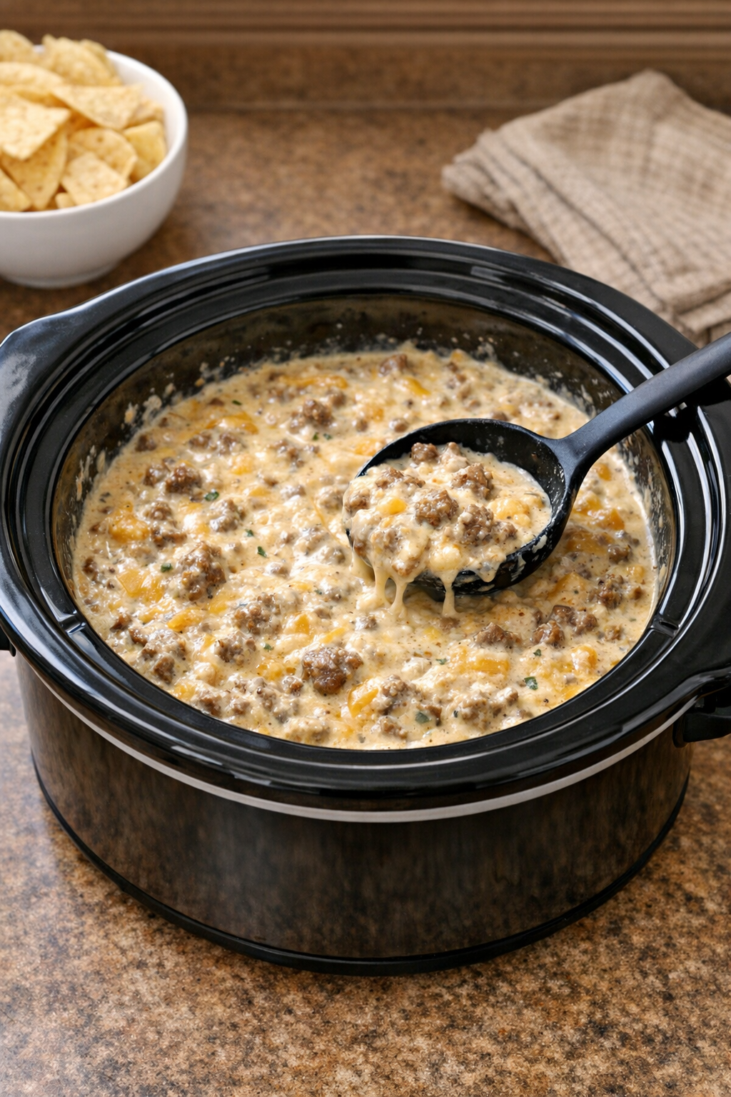 Finished ranch burger dip in a slow cooker