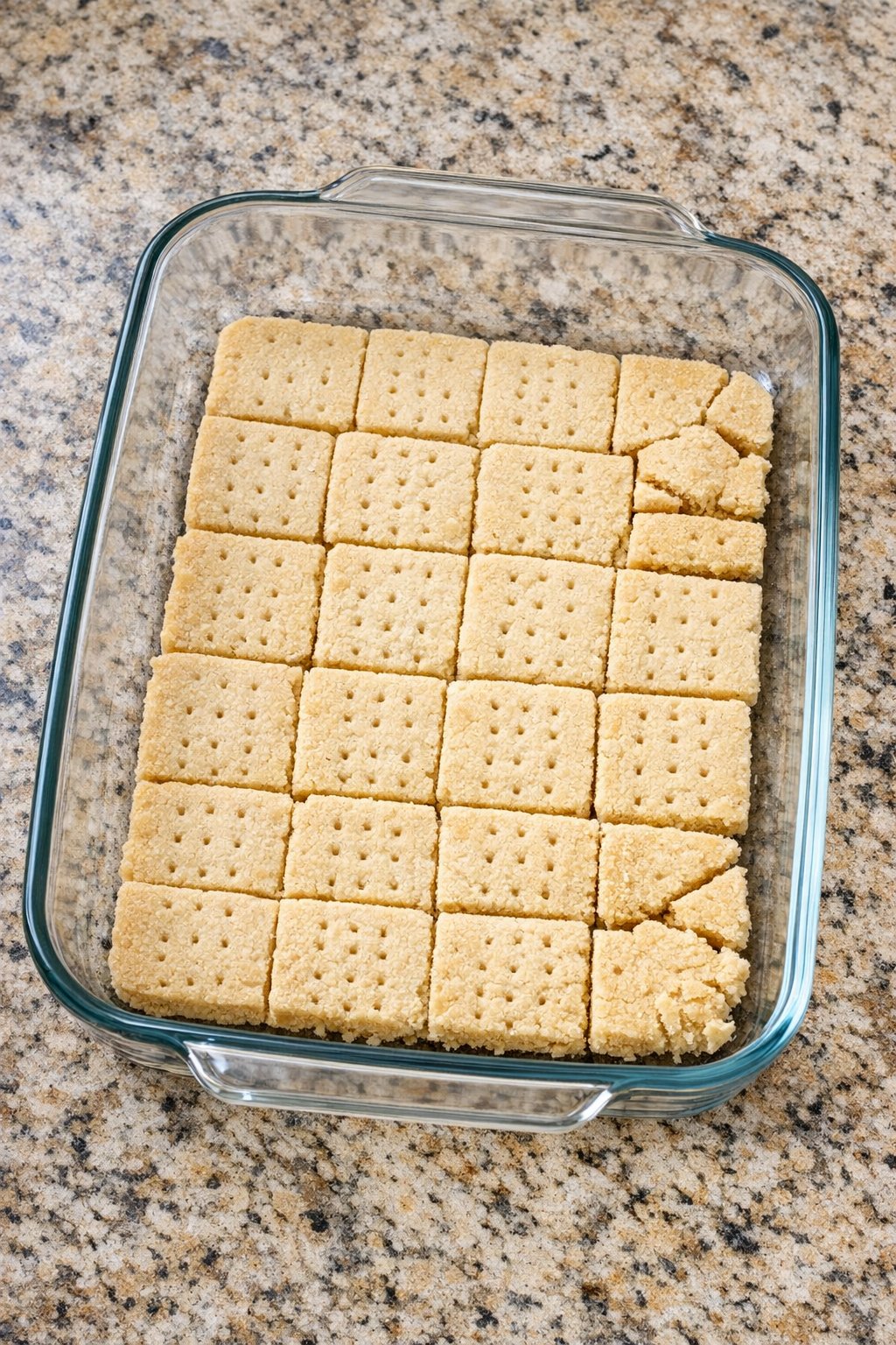 Shortbread cookies layered in the bottom of a glass dish