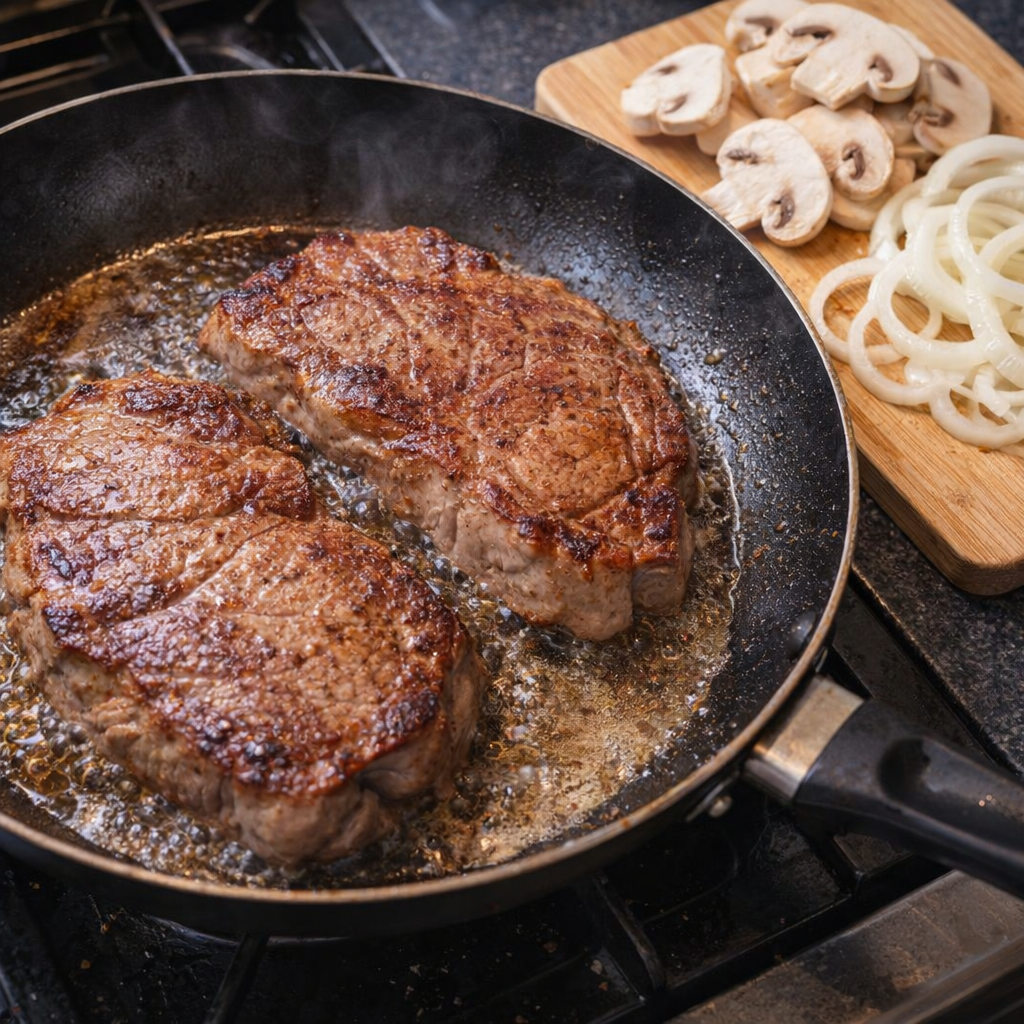 Beef steaks browning in a skillet with mushrooms and onions nearby