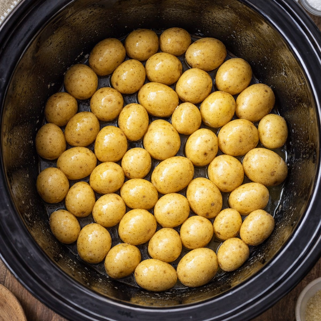 Baby gold potatoes arranged in a slow cooker before cooking