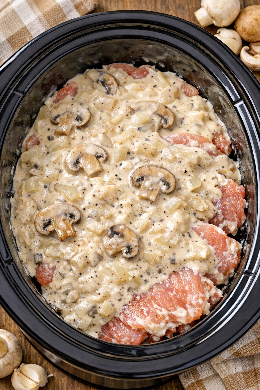 Soup mixture poured over pork cutlets in slow cooker