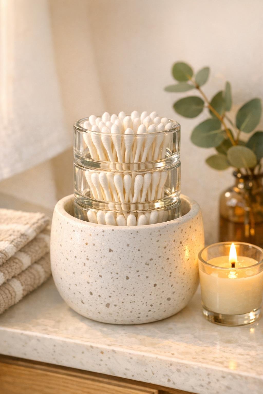 Completed DIY bathroom q-tip dispenser in a white speckled ceramic planter