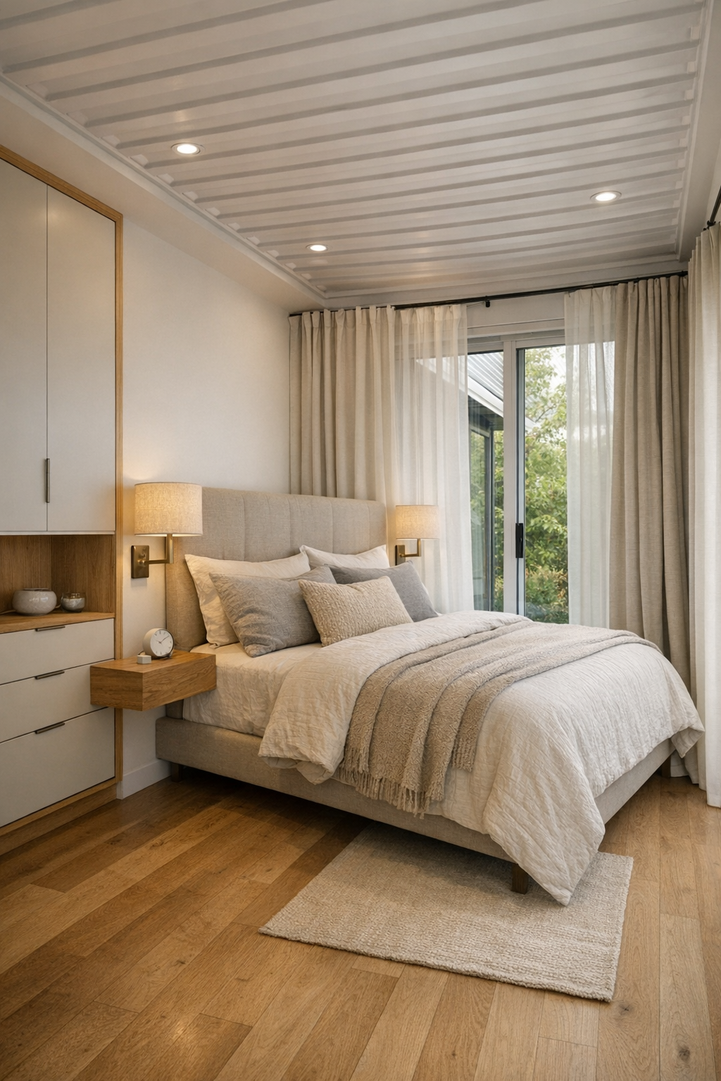 Calm bedroom with neutral bedding upholstered headboard and built-in storage in a modern container home