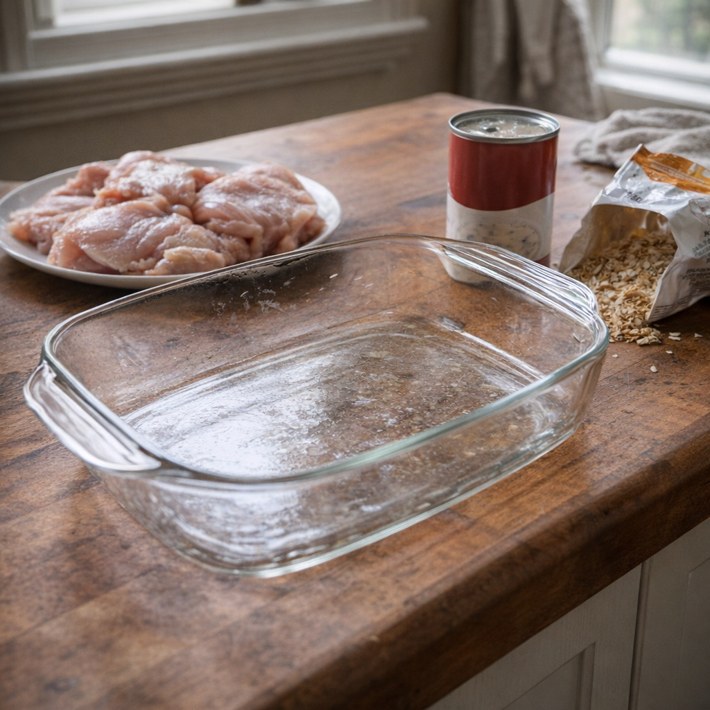 Greased glass baking dish beside simple ingredients