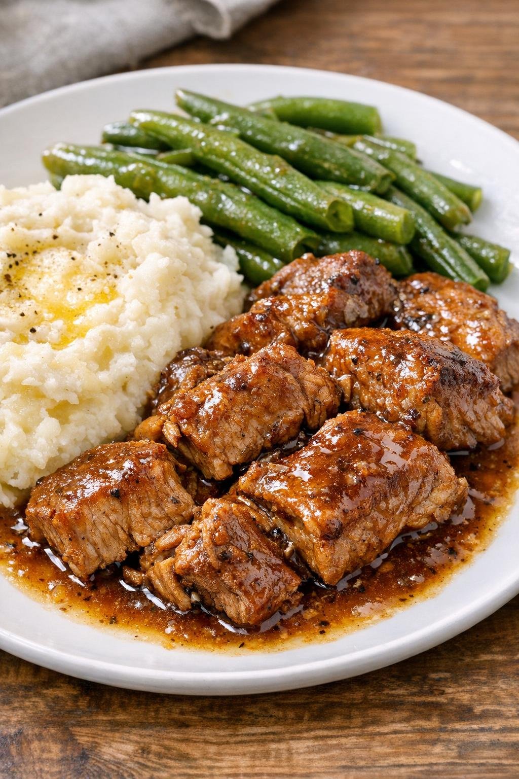 Finished plated country-style pork ribs with sauce