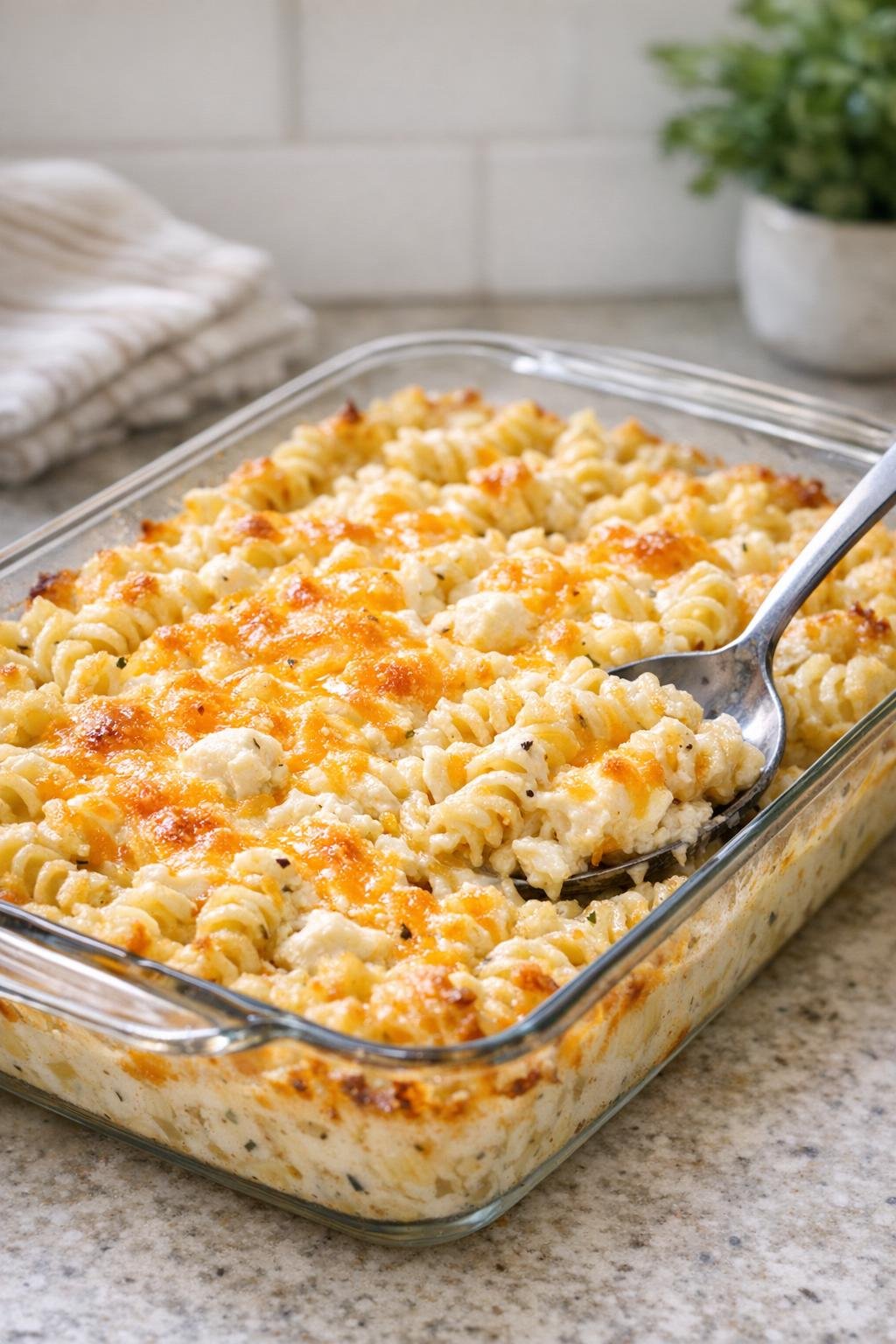 Creamy baked ranch rotini in a glass baking dish
