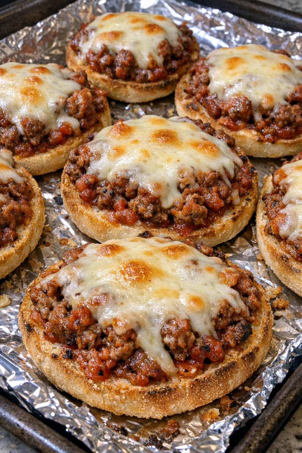 Close-up of baked beef English muffin bites with melted provolone