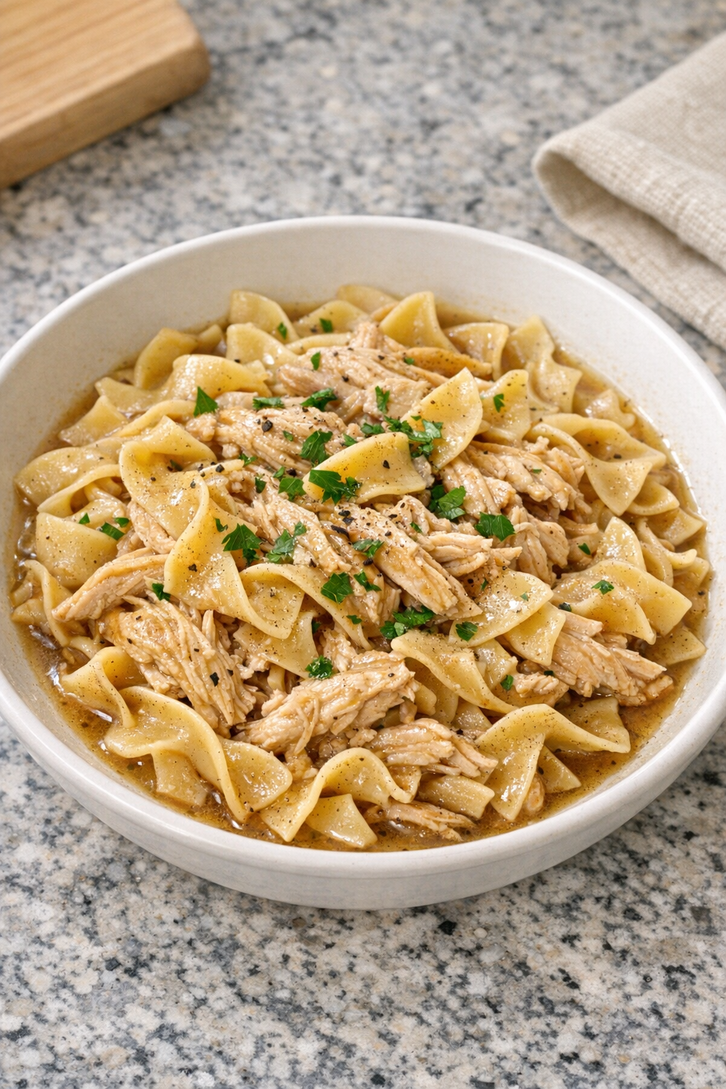 Finished bowl of turkey pasta in beef broth sauce