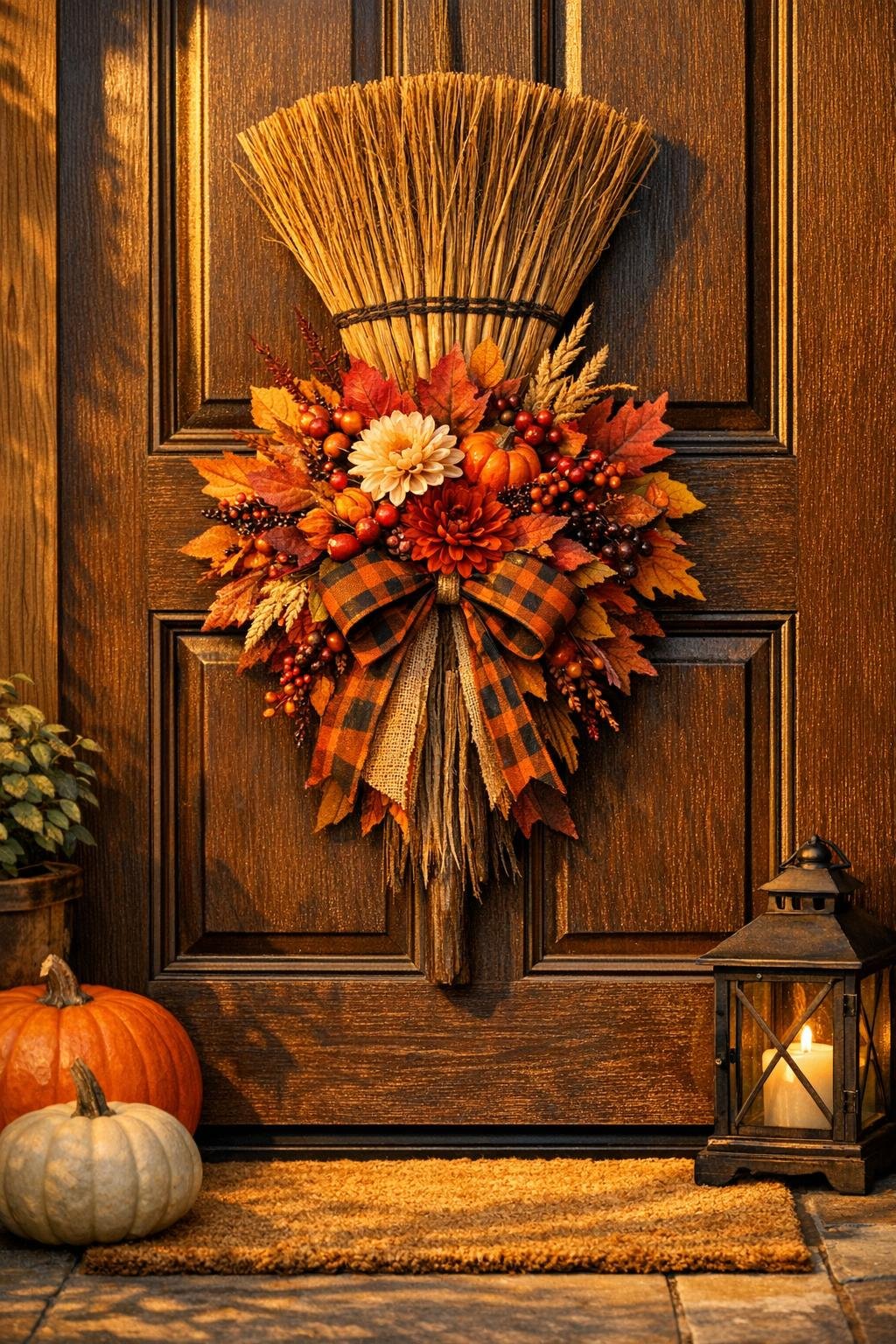 Finished witch broom door swag hanging on a front door